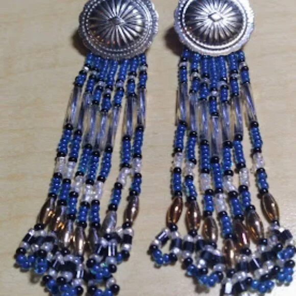 Silver Tone Blue Glass Beads Pierce Earrings 3" Long - Picture 9 of 10